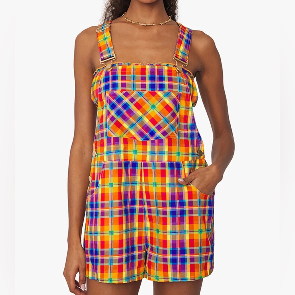 WEWOREWHAT Basic Overall Shortall Rainbow Plaid